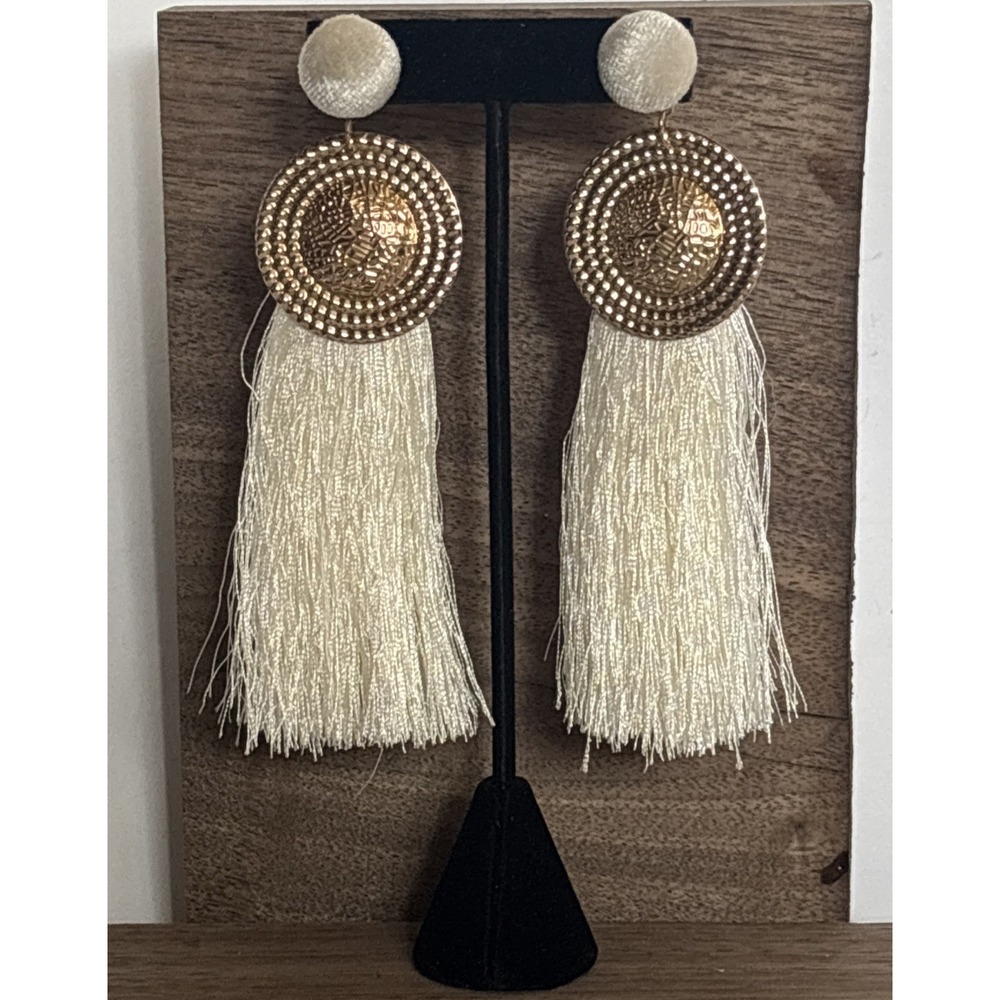 Vintage Gold Tone Textured Medallion White Fringe Tassel Statement Earrings Boho